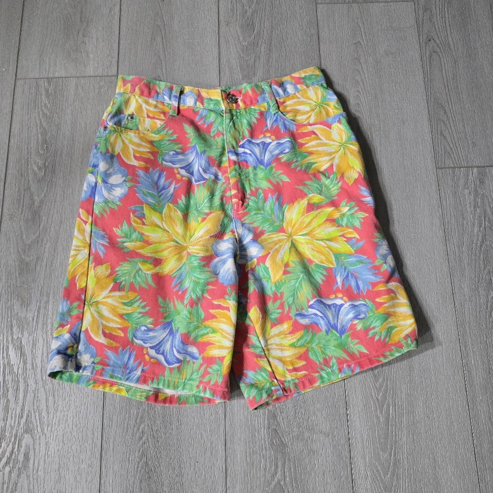 80's Mixed Blues Tropical Floral Denim Shorts Vintage Size 11